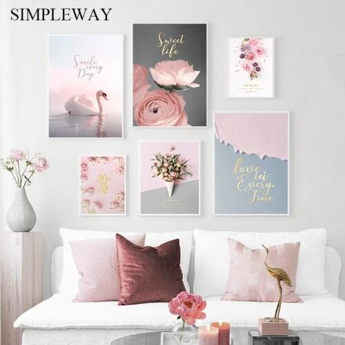 Swan Rose Flower Canvas Poster Nordic Pink Ins Style Print Wall Art Painting Modern Decorative Picture Girl Room Home Decoration