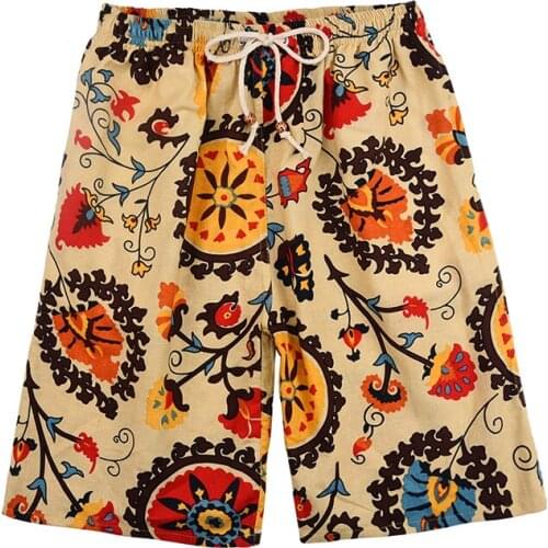 Beach Shorts Men Cotton&Linen Printing Drawstring Elastic Waist Quick Dry Mens Shorts Summer Casual Bathing Surf Spodenki Meskie