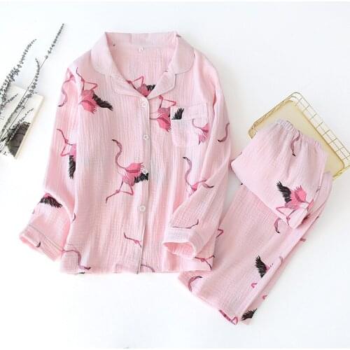Spring and Summer New Womens Cotton Flamingo Print Pajamas, Long-sleeved Trousers, Ladies Cute Cotton Home Wear Two-piece Suit
