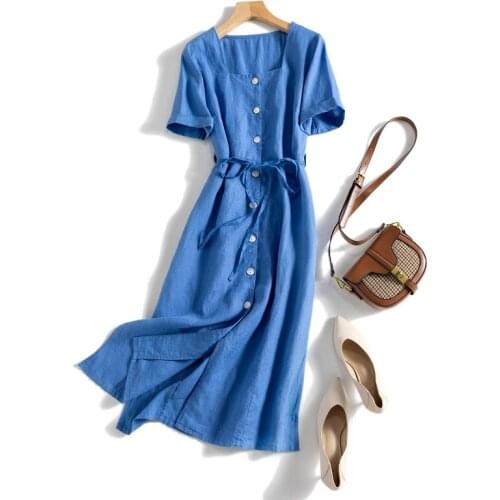Summer New Women Loose Plus Size Japan Style Comfortable Breathable French Water Washed Cotton Linen Shirt Dresses W/h Belt