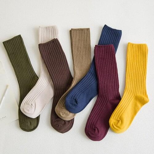Retro Solid Color Women Lady Cotton Loose Socks Autumn Winter Girl Knitting 4 Seasons Basic Daily Socks