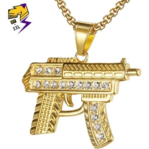 Hip Hop Necklace UZI GUN Necklaces Stainless Steel Gold Color Cool Fashion Pendant & Chain Rhinestone Ice Out Necklace For Men