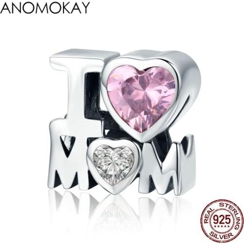 Anomokay Authentic 925 Sterling Silver I Love Mom Charms for Mother Gift S925 Mom Charm for Bracelet & Necklace DIY Jewelry