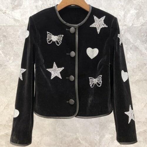 Retro velvet female hot diamond butterfly love star jacket female cardigan black casual jacket short coat