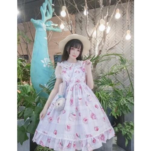 Cherry Print Lolita jsk Spaghetti Strap Dress Mori Girl Cos Loli Tea Party Kawaii Princess Vintage Court Dress