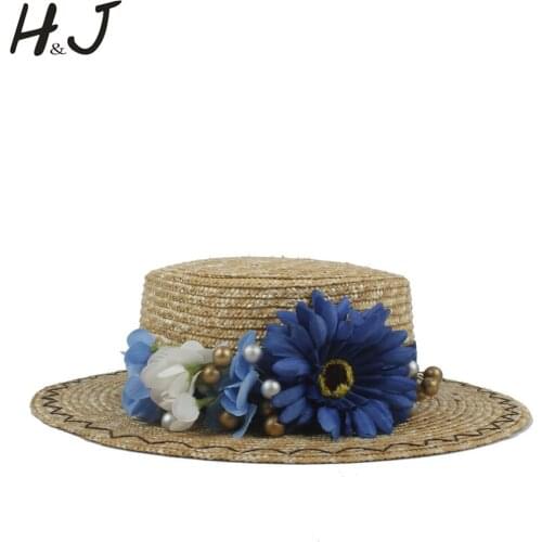 Wheat Straw Women Summer Boater Hat Lady Beach Wide Brim Flat Sun Hat With Flower Sunbonnet Size 56-58CM
