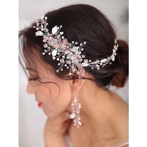 Tiara Bridal earrings and headband Pink Crystal headpiece Rose gold Silver Headbands for women wedding accessories decoration