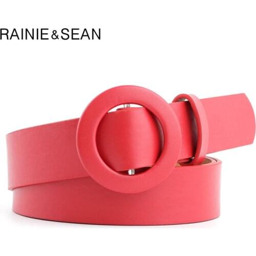 RAINIE SEAN Round Buckle Belts for Women No Hole Solid Red Pink Ladies Waist Belts High Fashion Female Apparel Accessories