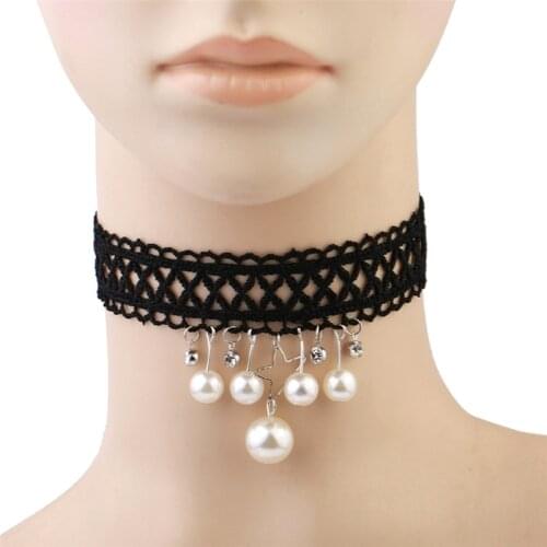 Women Lace Choker Fashion Vintage Wide Faux Pearl Decor Gothic Lace Necklace Choker Necklace Clavicle Chain Necklace