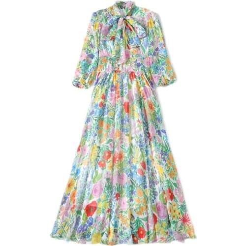 Womens Bow Collar Lantern Sleeve Floral Print Party Long Female Robe Vestidos Fashion Autumn Chiffon Vacation Flower Dress 7029
