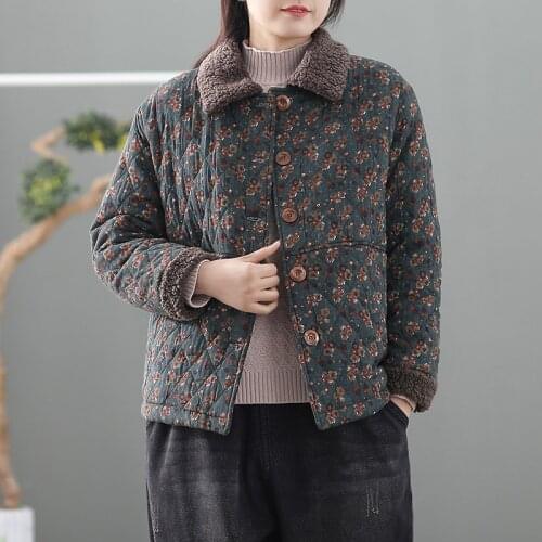 Winter Women Coat Thick Retro Floral Cotton-padded Warm Wool Long Sleeve Vintage Women Coat YoYiKamomo