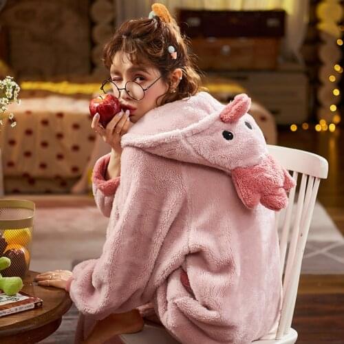 Winter Pyjamas Woman Sleepwear Hooded Loose Version Video Zip Pajamas Partysu Medium Style Packed Trend Plush Nonopnd Thicken