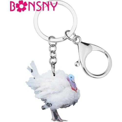 Bonsny Acrylic Thanksgiving White Turkey Chicken Key Chains Rings Car Purse Bag Keychains For Women Girls Men Decorations Gift