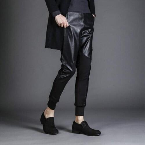 2020 Winter new Men slim stitching motorcycle harem leather pants tide male casual elastic waist beam pants Mens pencil pants