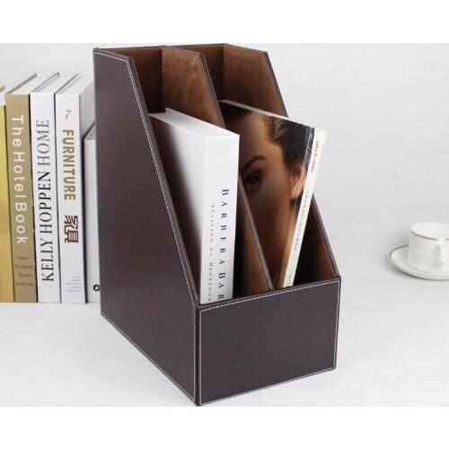 2-slot wood leather desk file book box magazine self holder document filing organizer case brown 221B