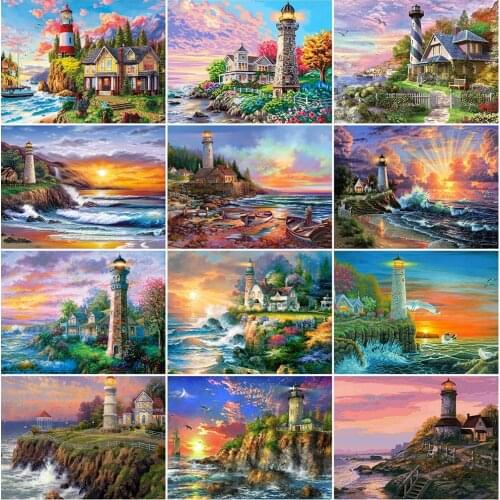 EverShine Diamond Painting Seaside Lighthouse Rhinestones 5D Diamond Embroidery Scenic Cross Stitch Mosaic Beaded Handmade Gift