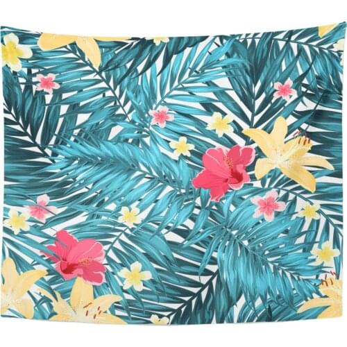 Tropical Jungle Palm Leaves Pattern Lily Hibiscus and Plumeria Tapestry Home Decor Wall Hanging for Living Room Bedroom Dorm 50x