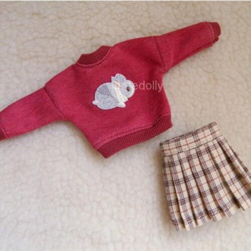 1 Set Cute Rabbit Red Crewnecks + Pleated Skirt for Blyth, Licca, Azone 1/6 Doll Clothes Accessories