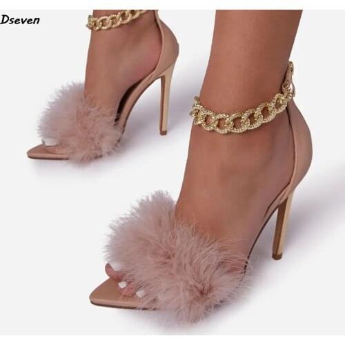 Summer New Pointed Toe Fashion Chain Fur Sexy Ladies Sandals Stiletto High Heel Large Size Party Womens Shoes 36-43