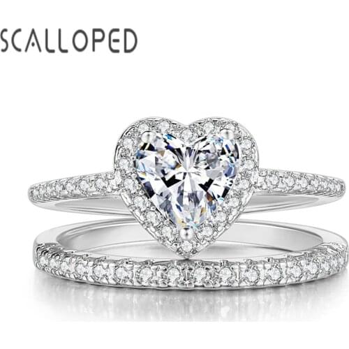 SCALLOPED Trendy Love Heart Wedding Rings Set For Women High Quality Sparkling Zircon Fine Jewelry Anniversary Couple Gifts
