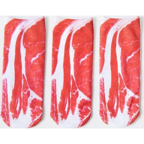 Fashion Women 3D Streaky Pork Meat Print Breathable Soft Low Cut Ankle Socks