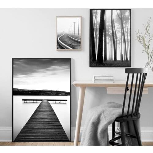 Black White Mountain Forest Railway Wall Art Canvas Painting Nordic Posters And Prints Landscape Wall Pictures For Living Room