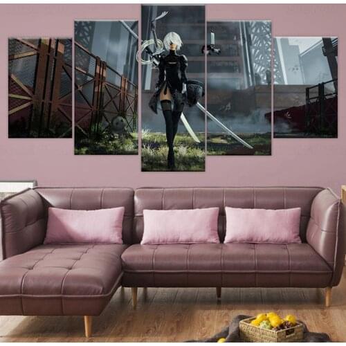 5 Piece Wall Art Canvas Game Posters Nier Automata 2B Figure Picture And Prints Modern Decoration Paintings For Living Room