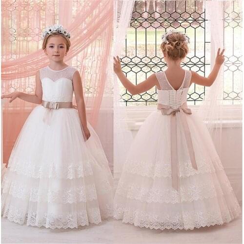 Formal Pearled Jewel Neck Layers Lace Flower Girl Dresses For Wedding First Communion Dresses With Ribbons Girls Pageant Gown