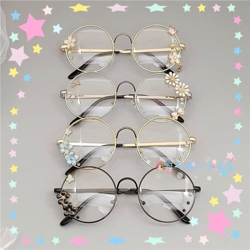 Handmade Lolita Eyeglass Frame Harajuku Round Glasses Black Silver Bronze Golden Sakura Daisy Flowers Fashion Decor