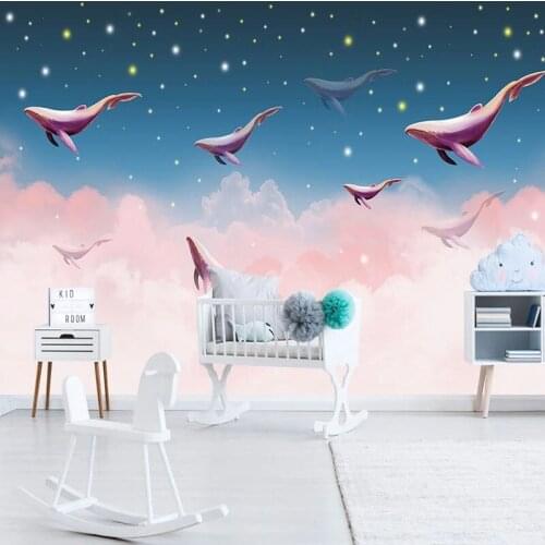 Custom 3D Wallpaper Fantasy Starry Sky Cartoon Whale Photo Wall Mural Childrens Room Background Wall Painting Papel De Parede