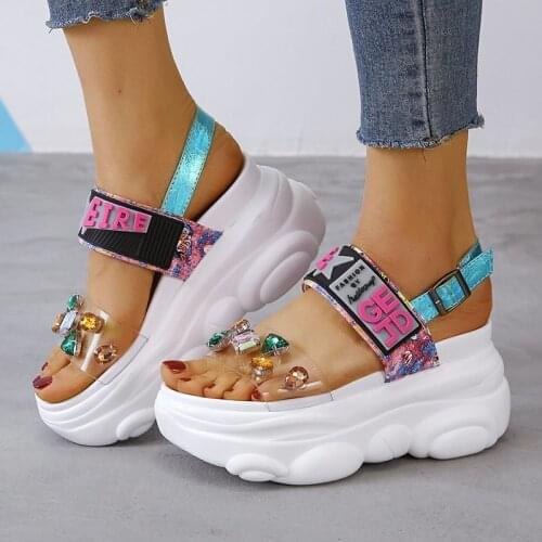 Fashion 8CM Platform Sandals Women Summer Shoes Wedge High Heels Buckle Strap PVC Crystal Women Sandals Peep Toe Ladies Shoes