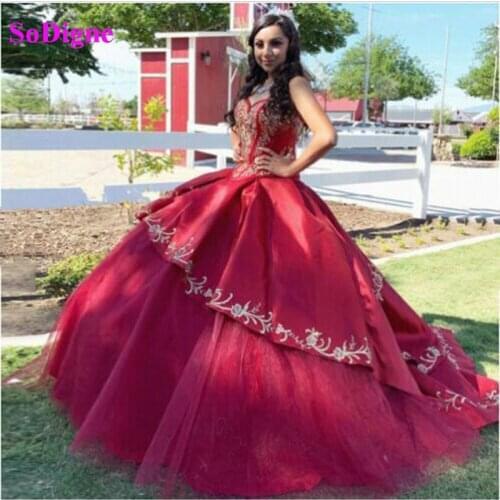 SoDigne Quinceanera Dresses V-neck Lace Applique Sequin Pageant Gown Princess Sweet 16 Dress Plus Size Puffy Ball Gown