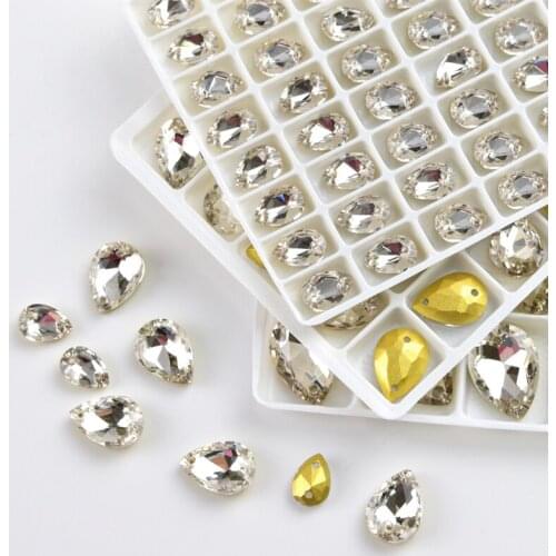 All size Teardrop Glass crystal Sew On Rhinestones Glass Stone pointback two holes Sewing Rhinestones Wedding Dress Accessories