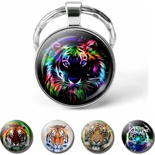 Tiger Animal Glass Dome Keychain Cabochon Metal Key Chain Ring King of The Forest Fashion Accessories Jewelry Pendant Gift