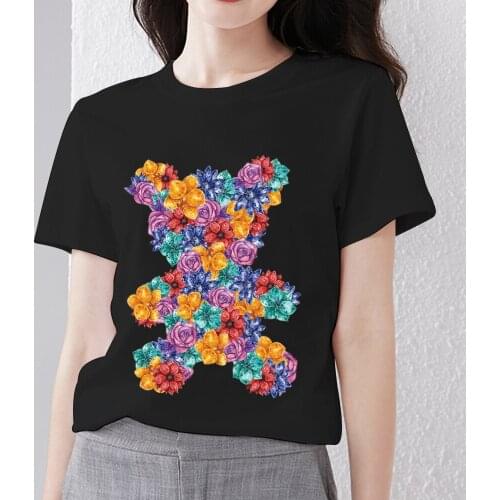 Womens T-shirt Cartoon Flower Teddy Bear Pattern Series Ladies Commuter Top Printing Classic O-neck T-shirt Fashion Ladies Top