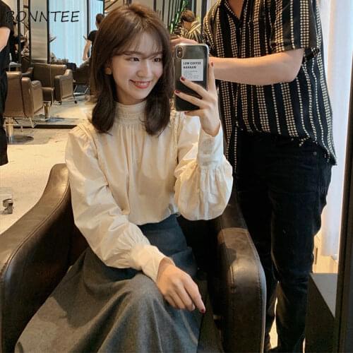 Shirts Women Autumn Turtleneck Puff Sleeve Loose Button Lace Elegant Ladies Vintage French Style Chic Casual Tops Trendy Sweet