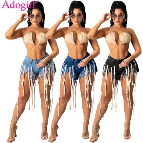 Adogirl Grommet Strings Tassel Jeans Shorts for Women 2021 Summer New Button Fly Mid Waist Fashion Casual Denim Pants Trousers