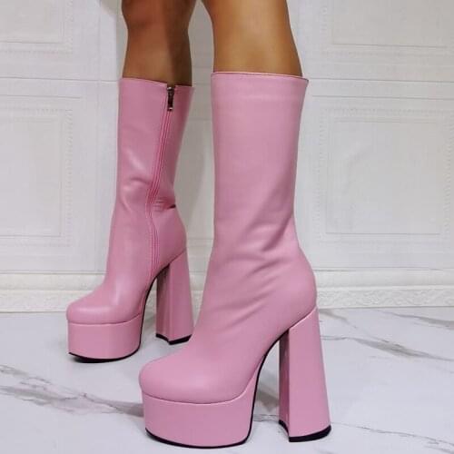 2021 Winter Pink Ladys High Heel Boots Fashion Platform Big Size Knee High Boots Women Round Toe Thick Sole Zipper