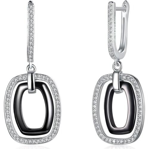 SILVERHOO Geometric Drop Earrings For Women 925 Sterling Silver Full Cubic Zirconia Hanging Black Ceramic Earring Fine Jewelry