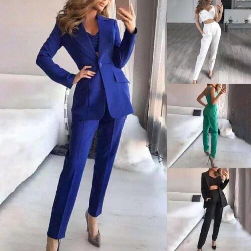 3pcs/Set Office Ladies Blazer Suits Pure Color Blazer Coat + Sleeveless Tans Top + Pants Set 3 Piece Set women Formal pant suits
