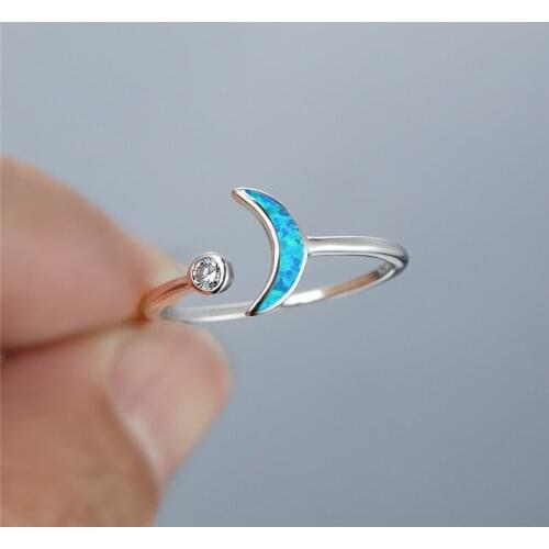 Female Cute Moon Thin Engagement Ring Minimalist White Blue Opal Stone Opening Ring Fashion Silver Color Wedding Rings For Women