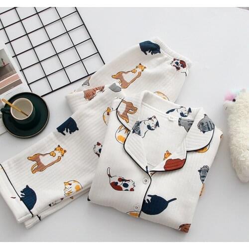 2021 Thick Warm Winter Pajamas For Women 100%Cotton Home Suit Cartoon Cat Printed Sleepwear Female 2Pcs Long Sleeve Homewear Set