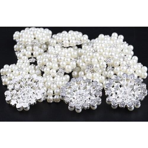 50pcs/lot)32mm Chic Silver Base Pearl Crystal Rhinestone Button Artificial Flatback Alloy Button For Baby Girl Headbands