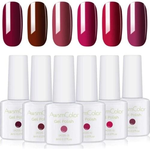 AwsmColor Gel Nail Polish Set, Red Series 6 Colors UV LED Soak Off Nail Gel Kit, Burgundy Ruby Wine Maroon Raspberry Color Chris
