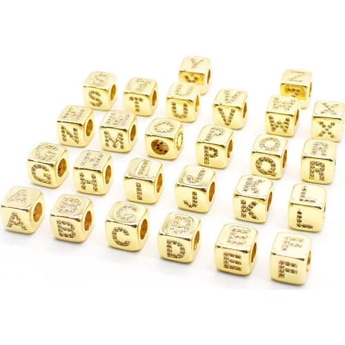 Wholesale 10Pcs Gold Square Pave White Cz Alphabet Letter A - Z Charm DIY Loose Beads For Jewelry Making Accessories