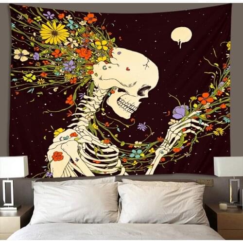 Skull Floral Flowers Tapestry Ins Moon Tapestry Mandala Carpet Hippie Divination Black Skulls Witchcraft Wall Hanging Blanket