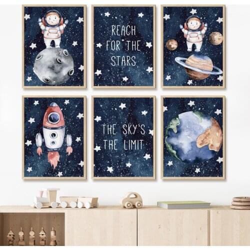 Nursery Wall Art Space Astronaut Rocket Earth Moon Quotes Canvas Painting Nordic Posters And Prints Decor Pictures Baby Boy Room