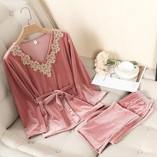 Fdfklak Golden Velvet Pajamas Sets For Women M-2XL Plus Size Home Suits Autumn Winter Long Sleeve Pijama Sleepwear Femme