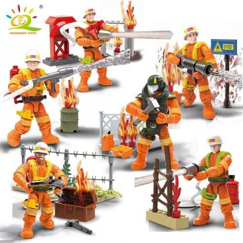 HUIQIBAO 8pcs 1:36 Firefighter Figures Model Building Blocks City Firemen Dolls Accessories Bricks Children Educational Toys