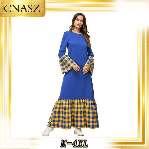 Moroccan Kaftan Thick Knit Sweater Muslim Dress Islamic Clothing Plaid Panel Trumpet Sleeve Autumn Muslim Dress